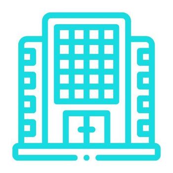 Un icono azul de un edificio de hospital sobre un fondo blanco.