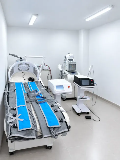 Sala de tratamiento hospitalario con una camilla para pacientes, equipo médico y correas de soporte azules