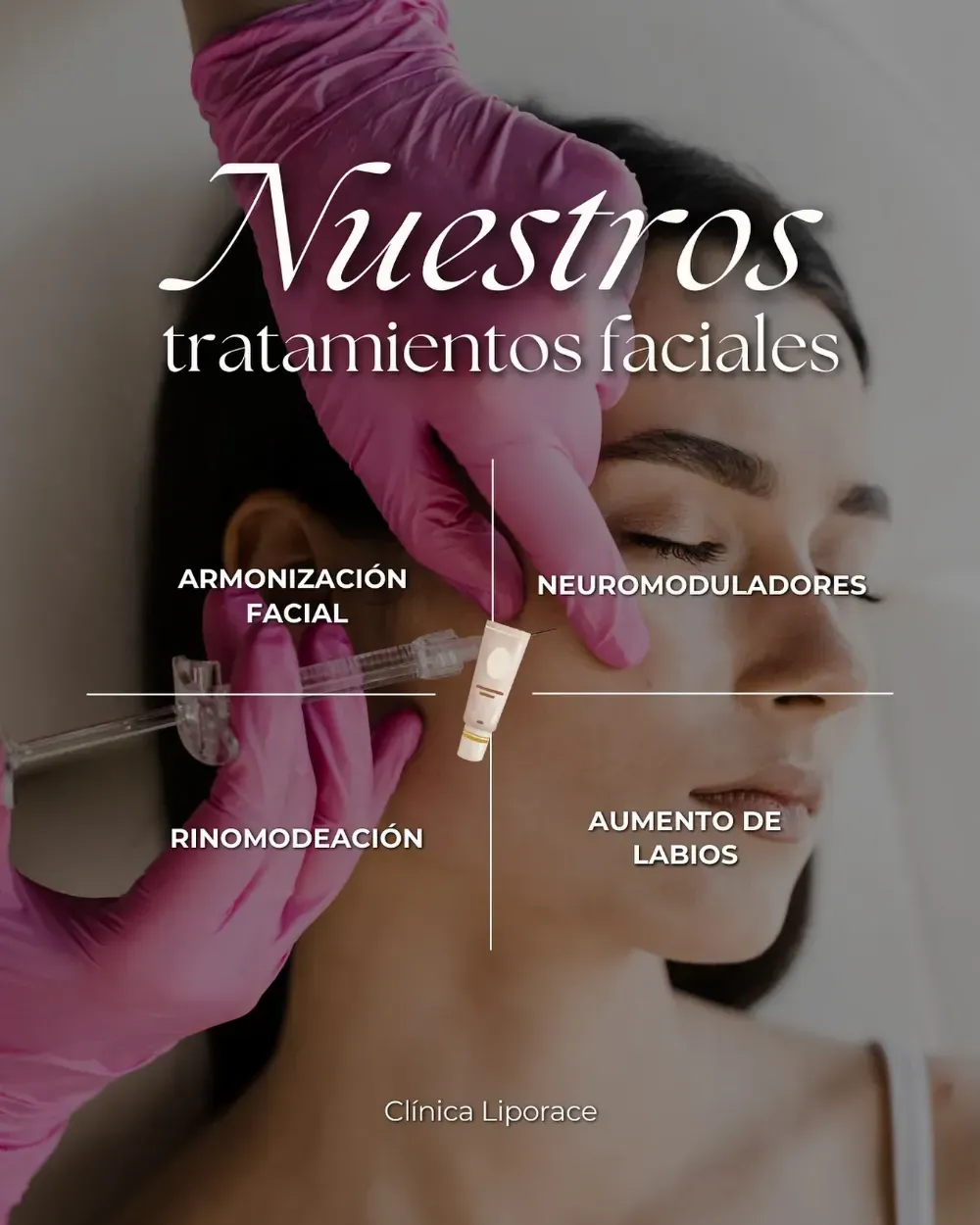 Tratamientos faciales con un profesional aplicando una crema, con texto sobre armonización facial, neuromoduladores y rinomodelación