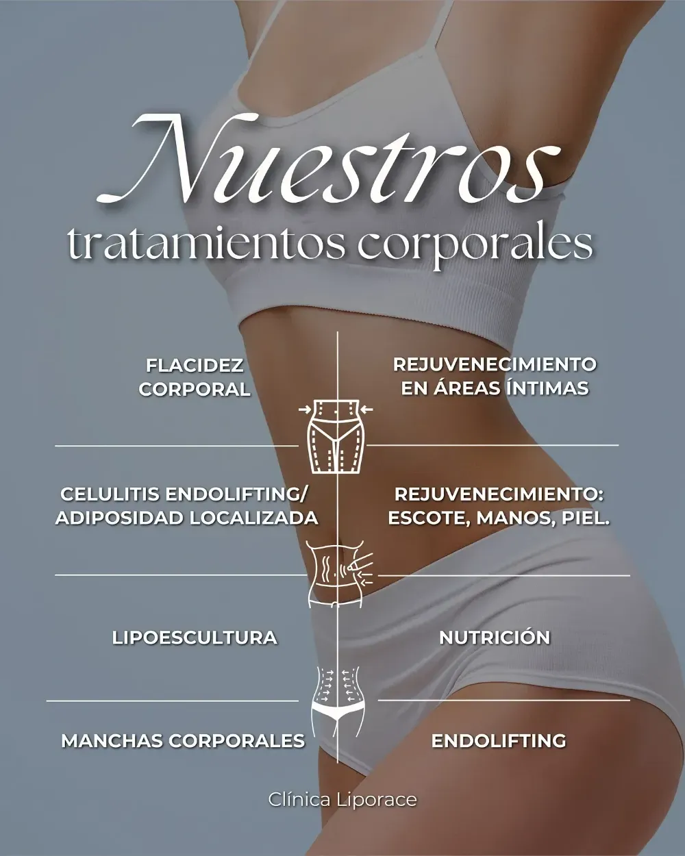 Publicidad de tratamientos corporales para el torso femenino, con una lista de servicios en tonos beige y blanco