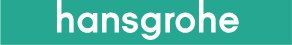 Das weiße Hansgrohe-Firmenlogo mittig auf einem einfarbig türkisfarbenen Hintergrund.
