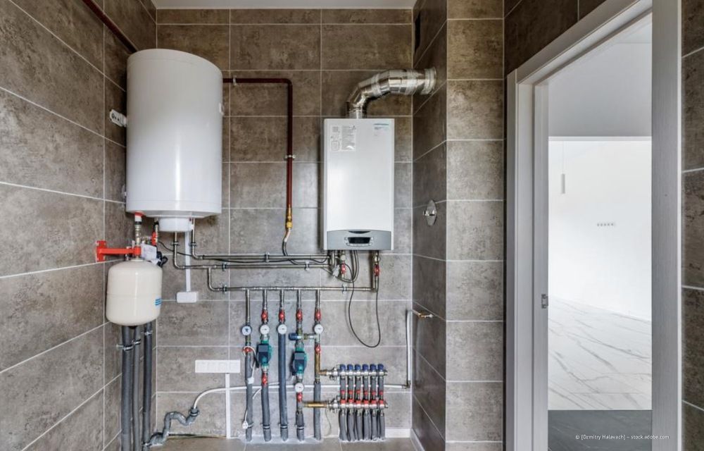 Ein an einer gefliesten Wand montiertes Wandsystem mit Gasheizkessel, Warmwasserbereiter, Ausdehnungsgefäß und Verteilerrohr.