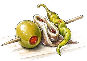 Aceitunas y pimientos ensartados en un palillo, servidos como aperitivo.