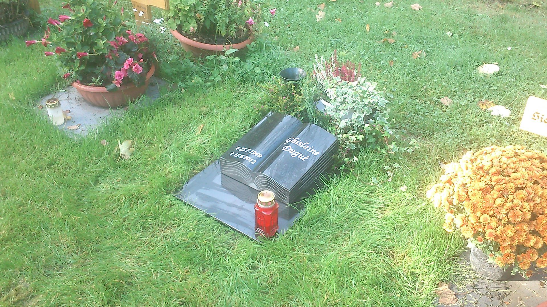 Grab mit Grabsteinen, einer brennenden Kerze und Topfblumen auf grünem Gras.