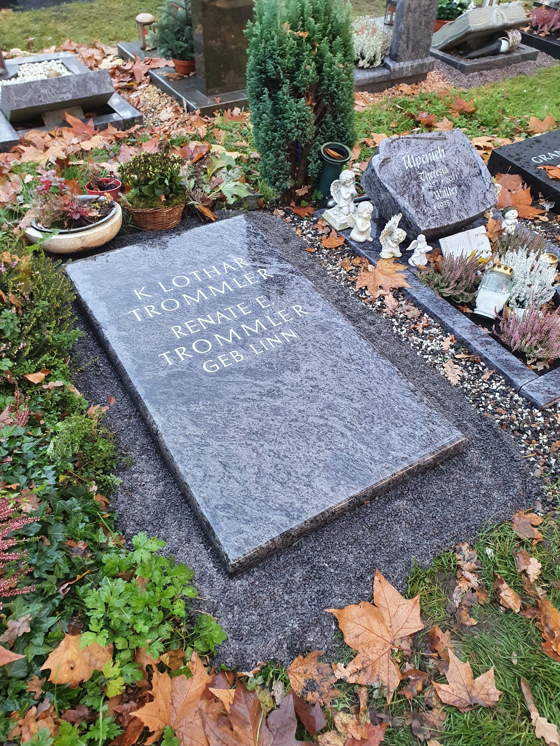 Grab mit einem dunklen Granitgrabstein, Inschrift lesbar, umgeben von Grün und Laub. Friedhofsszene.