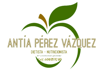 Un logotipo para Antia Pérez Vázquez muestra una manzana con una hoja.