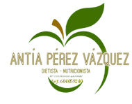 Un logotipo para Antia Pérez Vázquez muestra una manzana con una hoja.