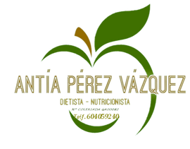 Un logotipo para Antia Pérez Vázquez muestra una manzana con una hoja.