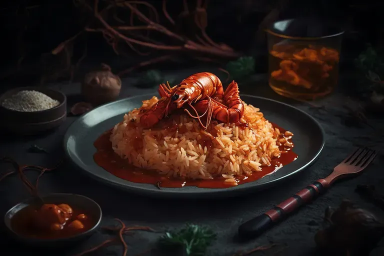 Un plato de comida con camarones y arroz en una mesa.