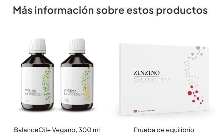 Productos Zinzino: dos botellas BalanceOil+ y una caja de Prueba de equilibrio sobre fondo blanco.