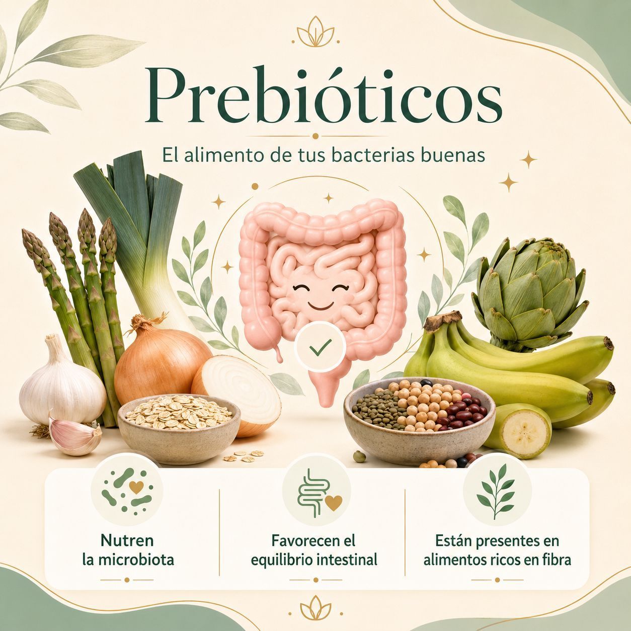 Infografía de prebioticos con alimentos vegetales, intestino ilustrado y texto sobre nutrir bacterias buenas.