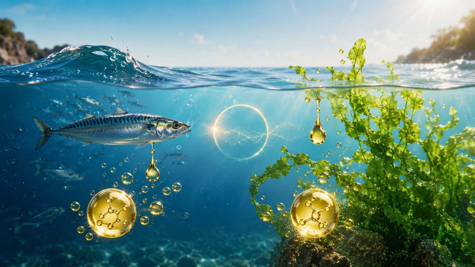 Peces nadando bajo el agua cerca de brillantes burbujas doradas y plantas acuáticas verdes en aguas cristalinas de color azul.