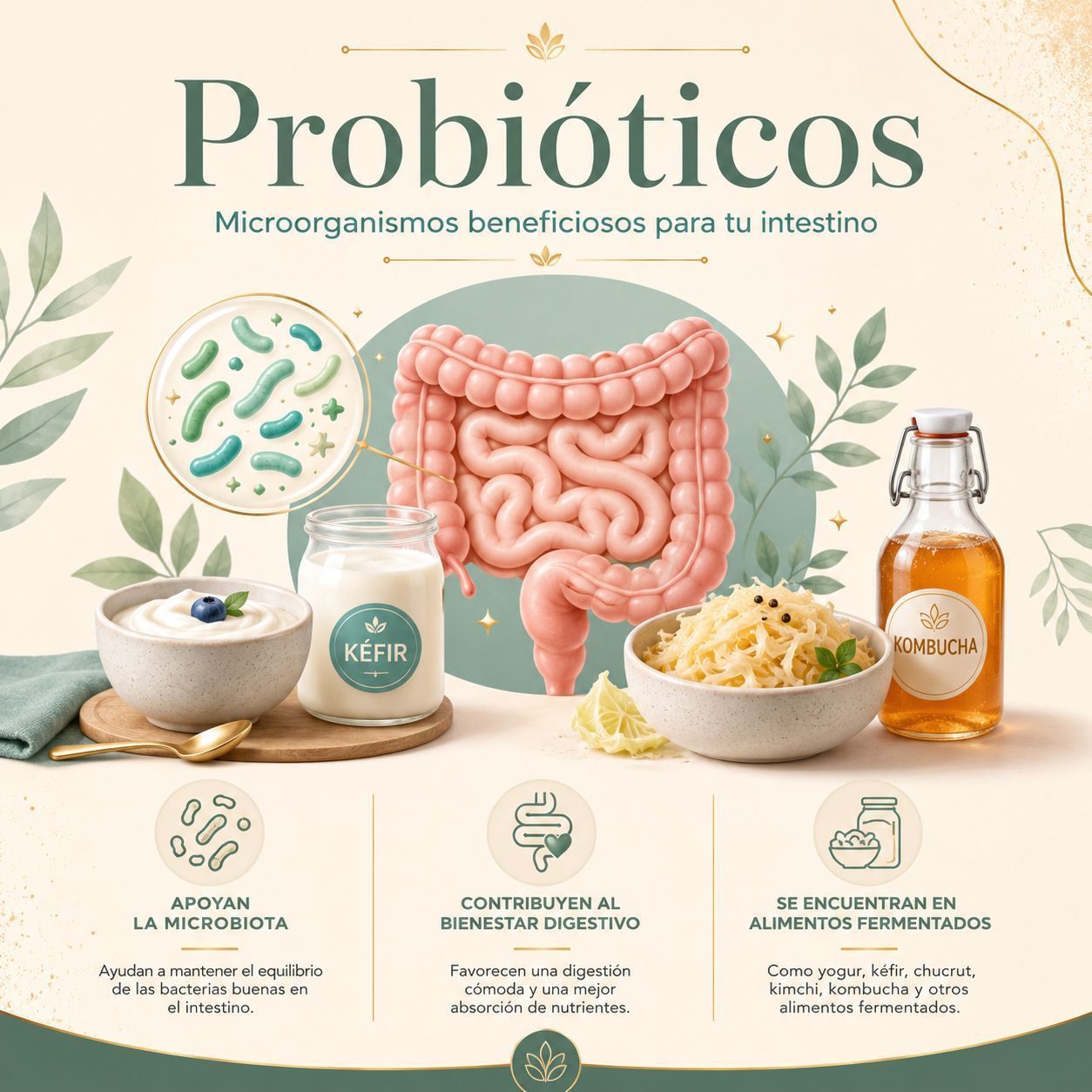 Spanish infographic about probiotics with illustrated gut, yogurt, sauerkraut, and kombucha on a pastel background