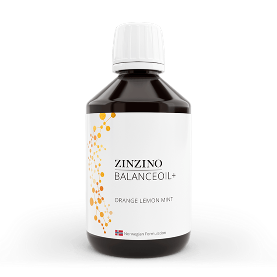 Botella de Zinzino BalanceOil+ Naranja Limón Menta sobre un fondo blanco.
