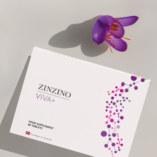 Caja de suplementos Zinzino Viva+ con una flor morada sobre fondo claro.