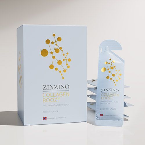 Caja y botella de Zinzino Collagen Booster sobre fondo claro, con diseño de molécula dorada.