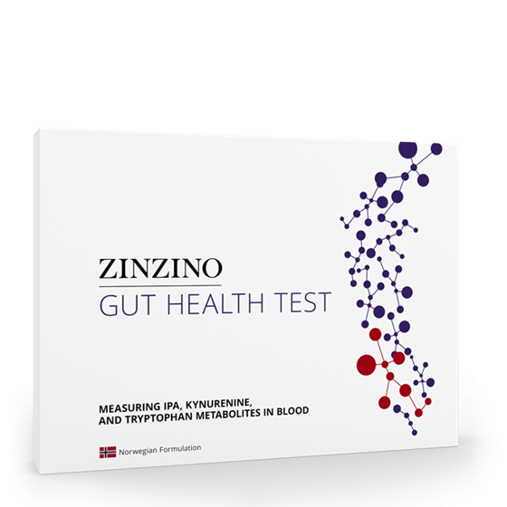 Caja de prueba de salud intestinal Zinzino con gráfico de moléculas moradas y rojas sobre fondo blanco.