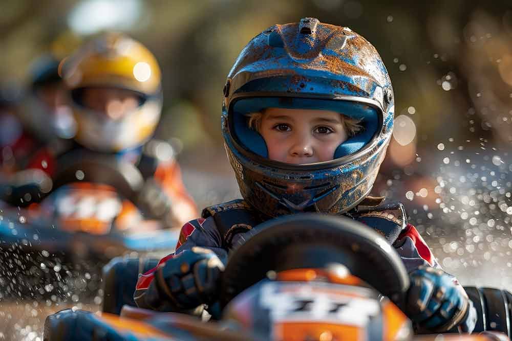 Ein kleiner Junge mit Helm fährt Gokart.