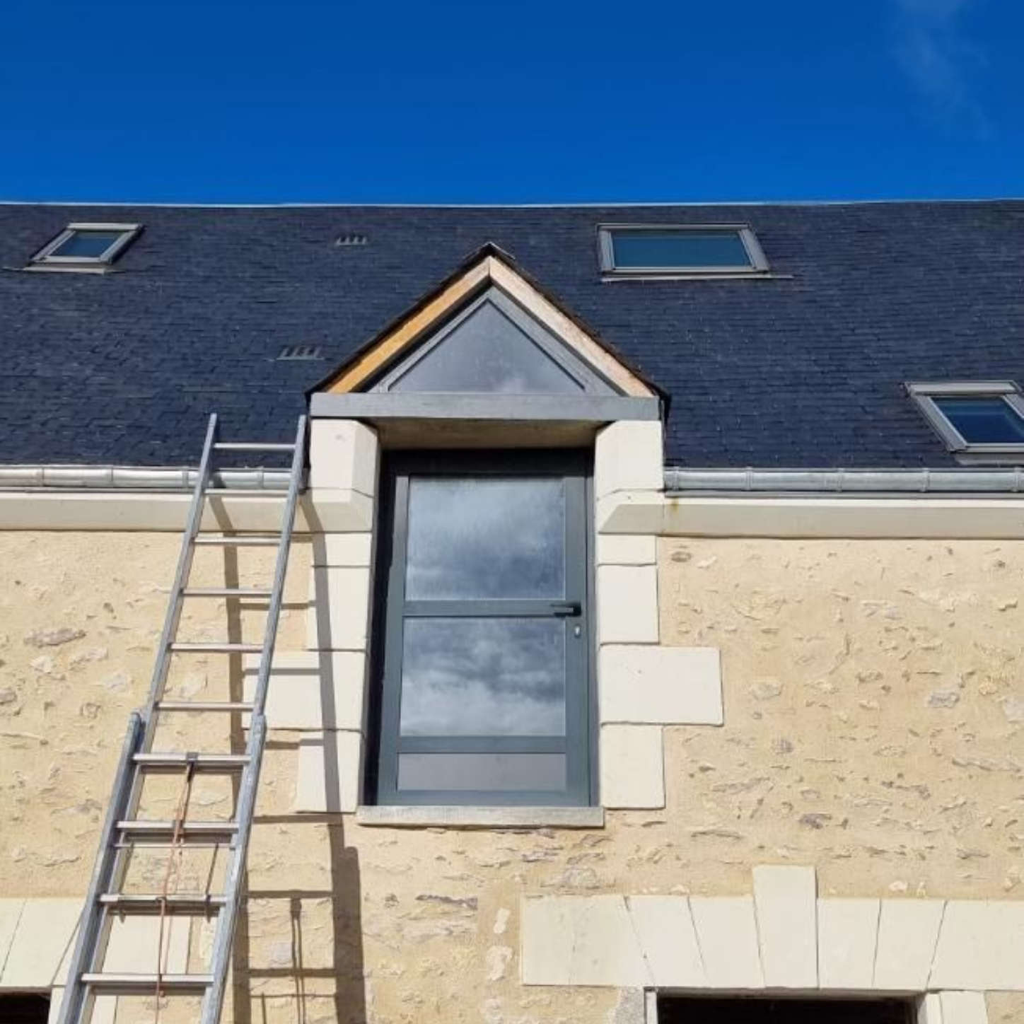 Une échelle appuyée contre un bâtiment avec une porte, une lucarne et plusieurs puits de lumière sur un toit sombre sous un ciel bleu.