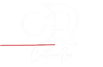 Iniciales CR blancas con un nombre escrito a mano debajo, una línea horizontal roja lo atraviesa.