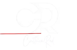 Iniciales CR blancas con un nombre escrito a mano debajo, una l&iacute;nea horizontal roja lo atraviesa.