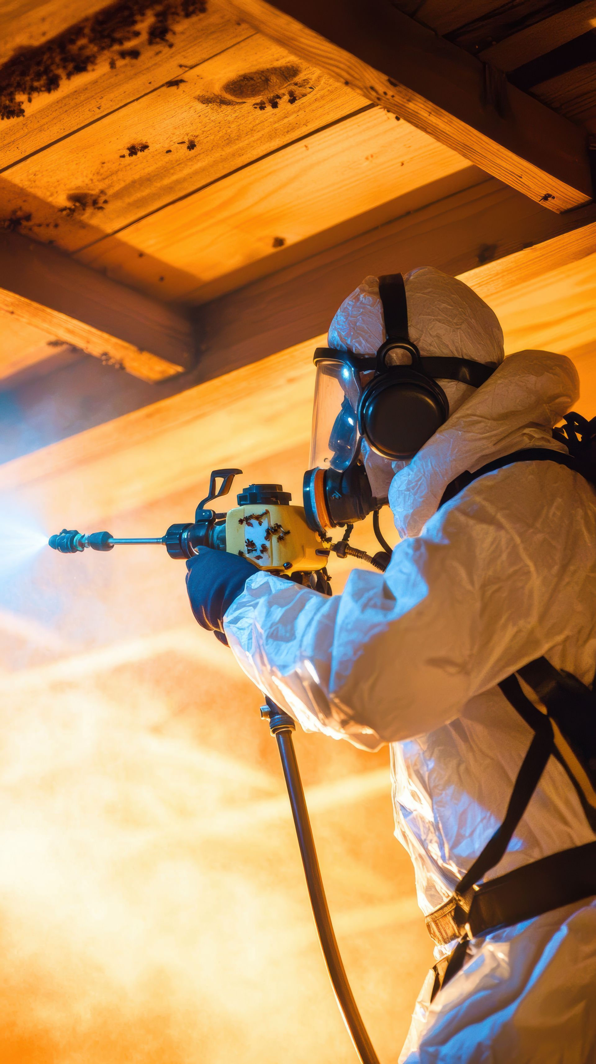 Un pompier en tenue de protection arrose un plafond lors d'un incendie à l'intérieur d'un bâtiment.