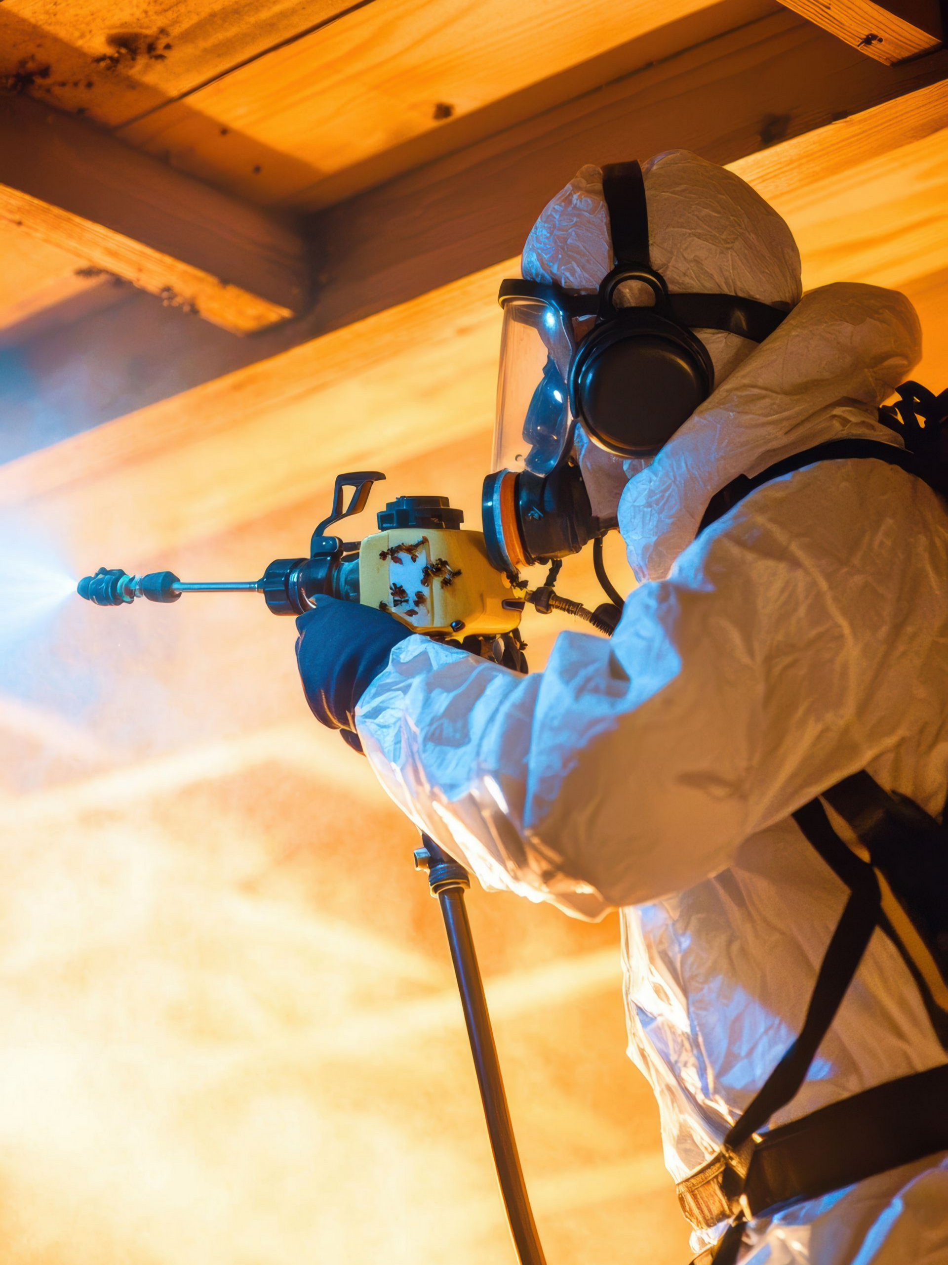 Une personne en tenue de protection projette des flammes orange avec un tuyau d'arrosage dans un intérieur enfumé
