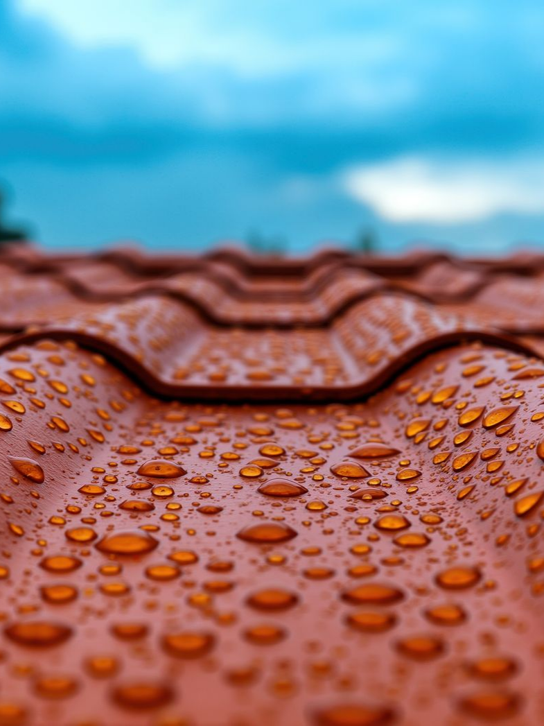 Gros plan sur des tuiles orange couvertes de gouttes de pluie sous un ciel bleu nuageux