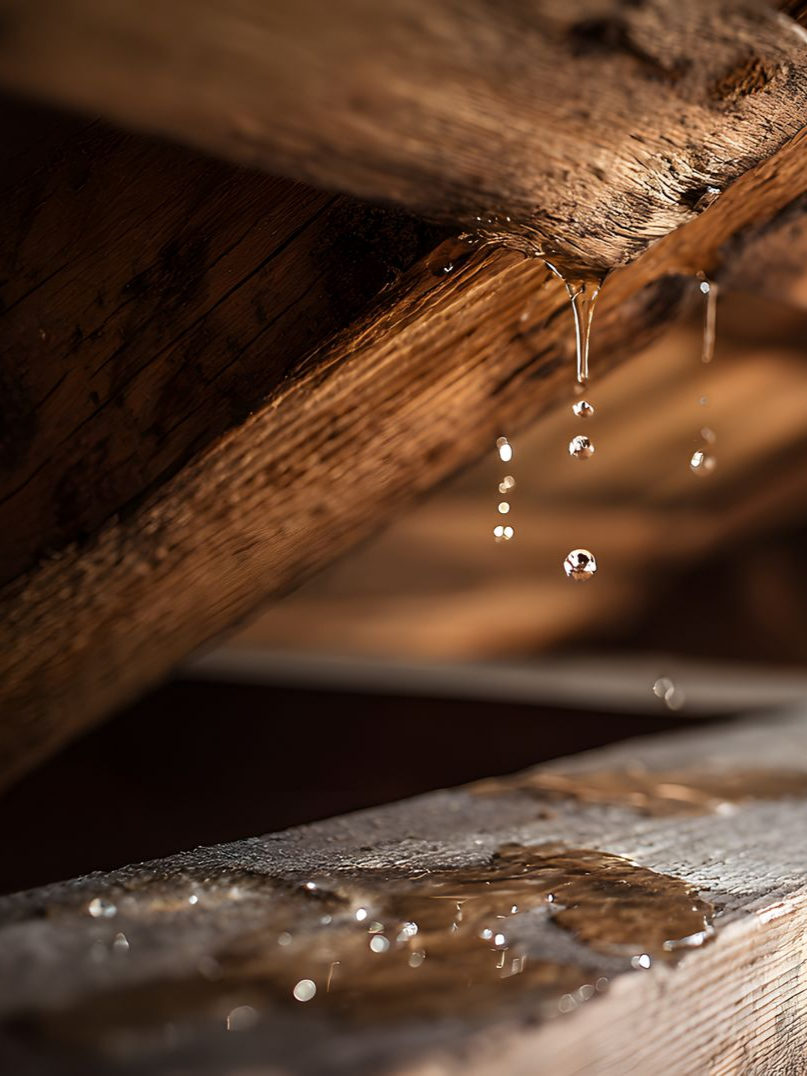 De l'eau goutte d'une poutre en bois sur une surface humide en dessous, ce qui suggère une fuite à l'intérieur.