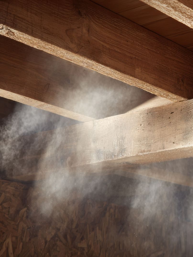 La lumière du soleil filtrant à travers les poutres en bois illuminait la poussière dans un grenier ombragé.
