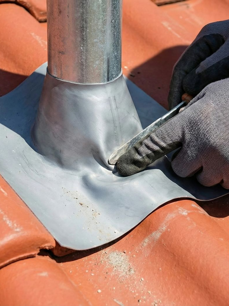 Des mains gantées scellent une bande de solin métallique autour d'un tuyau de ventilation sur des tuiles rouges.