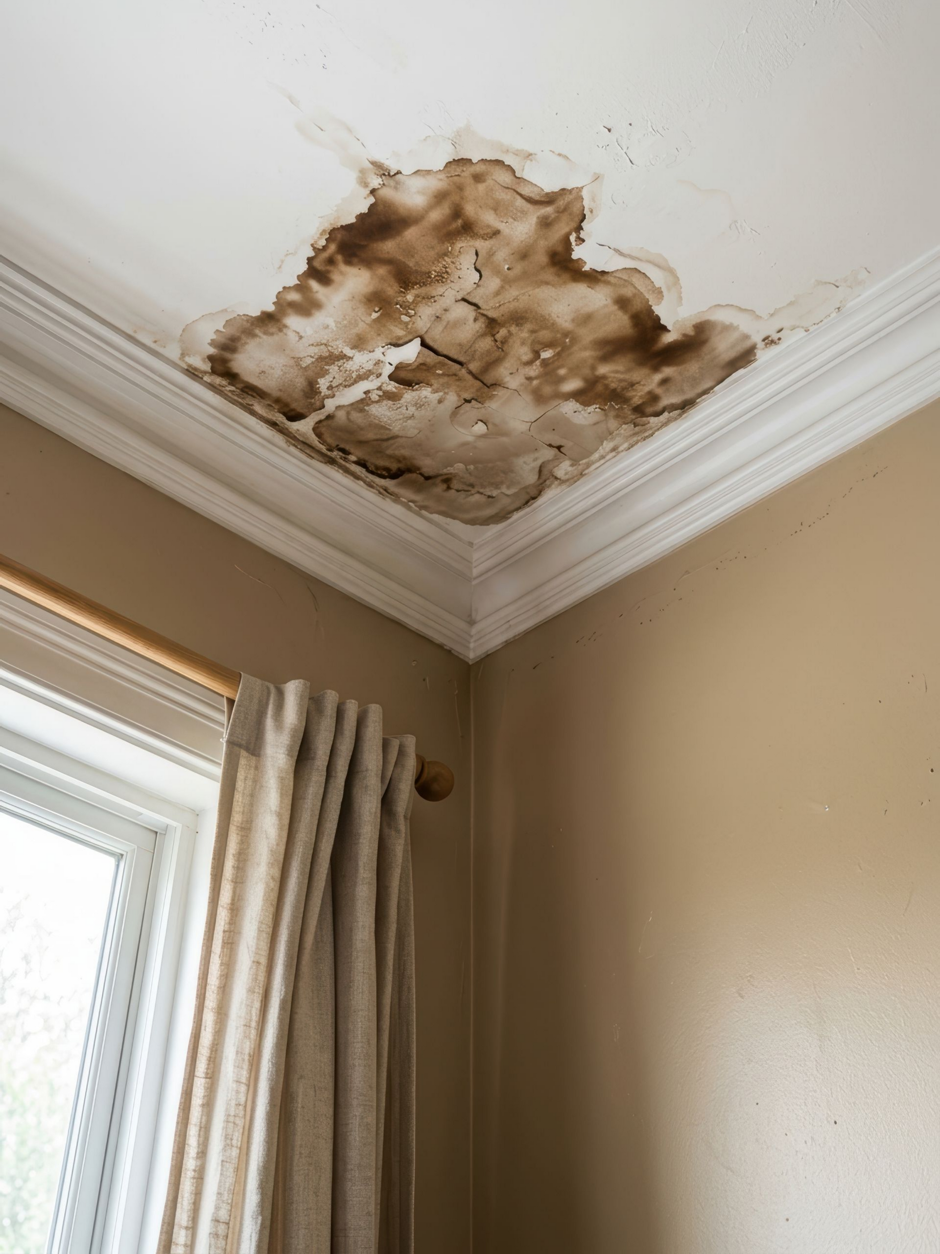Taches d'eau et décollement sur un coin de plafond blanc au-dessus d'un mur beige et d'un rideau.