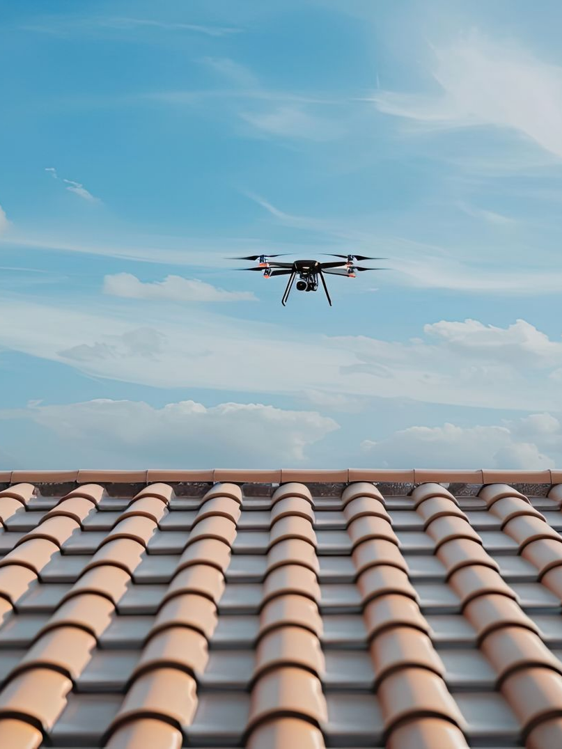 Drone survolant des toits de tuiles en terre cuite sous un ciel bleu