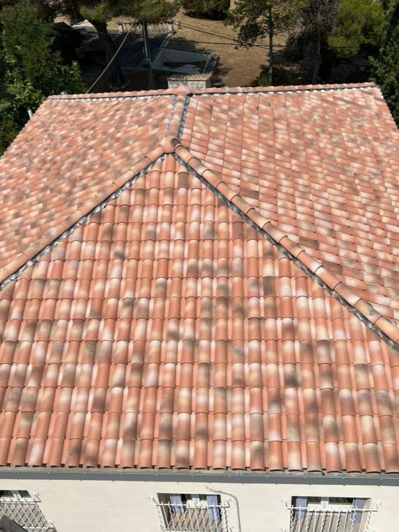 Toit de tuiles en terre cuite d'une maison, vu du ciel, avec des arbres en arrière-plan