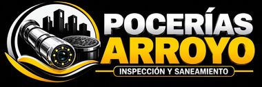 Logotipo de Pocerías Arroyo con la ilustración de una tubería de alcantarillado y el texto «Inspección y Saneamiento»