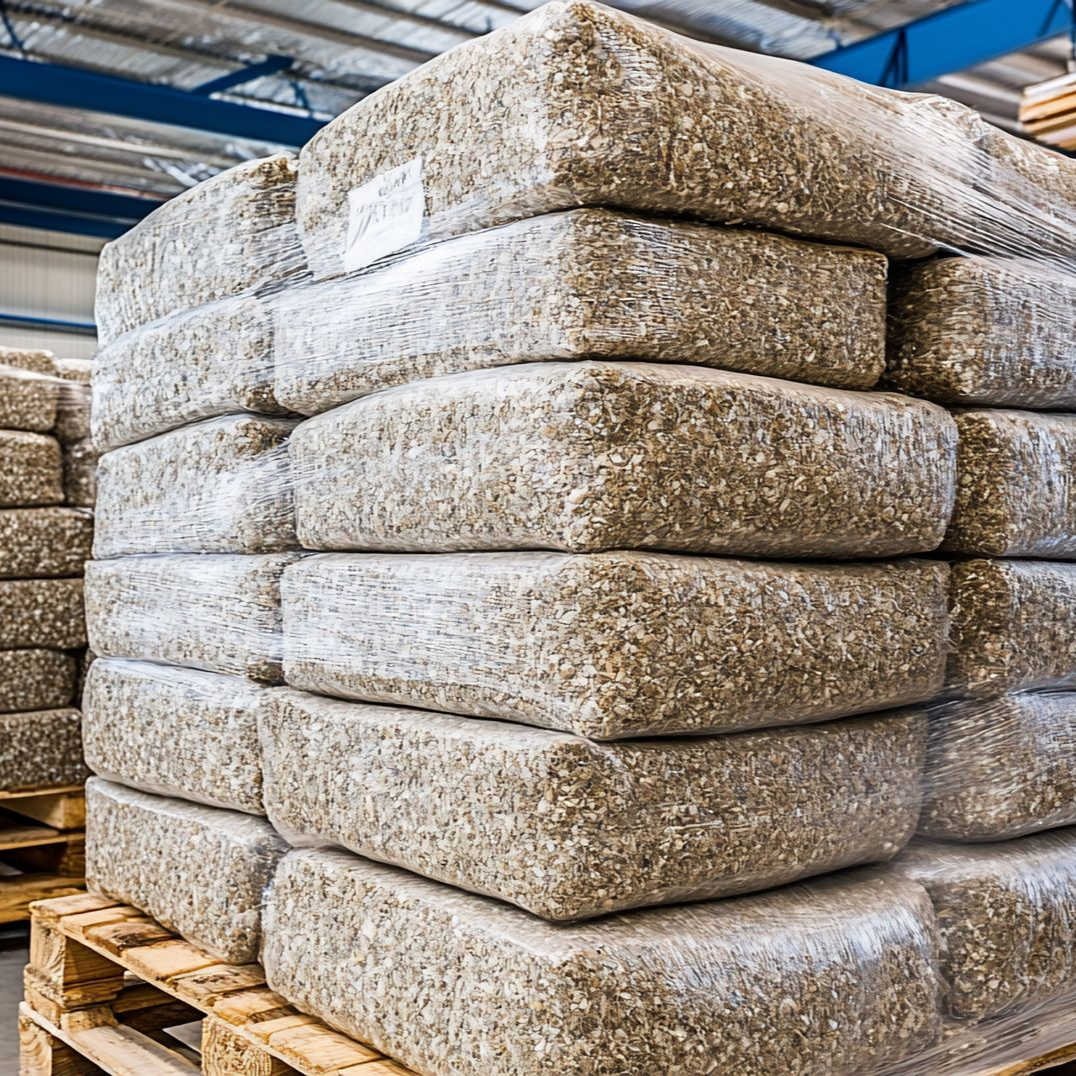 Palette de balles rectangulaires empilées emballées dans du plastique transparent, à l'intérieur.