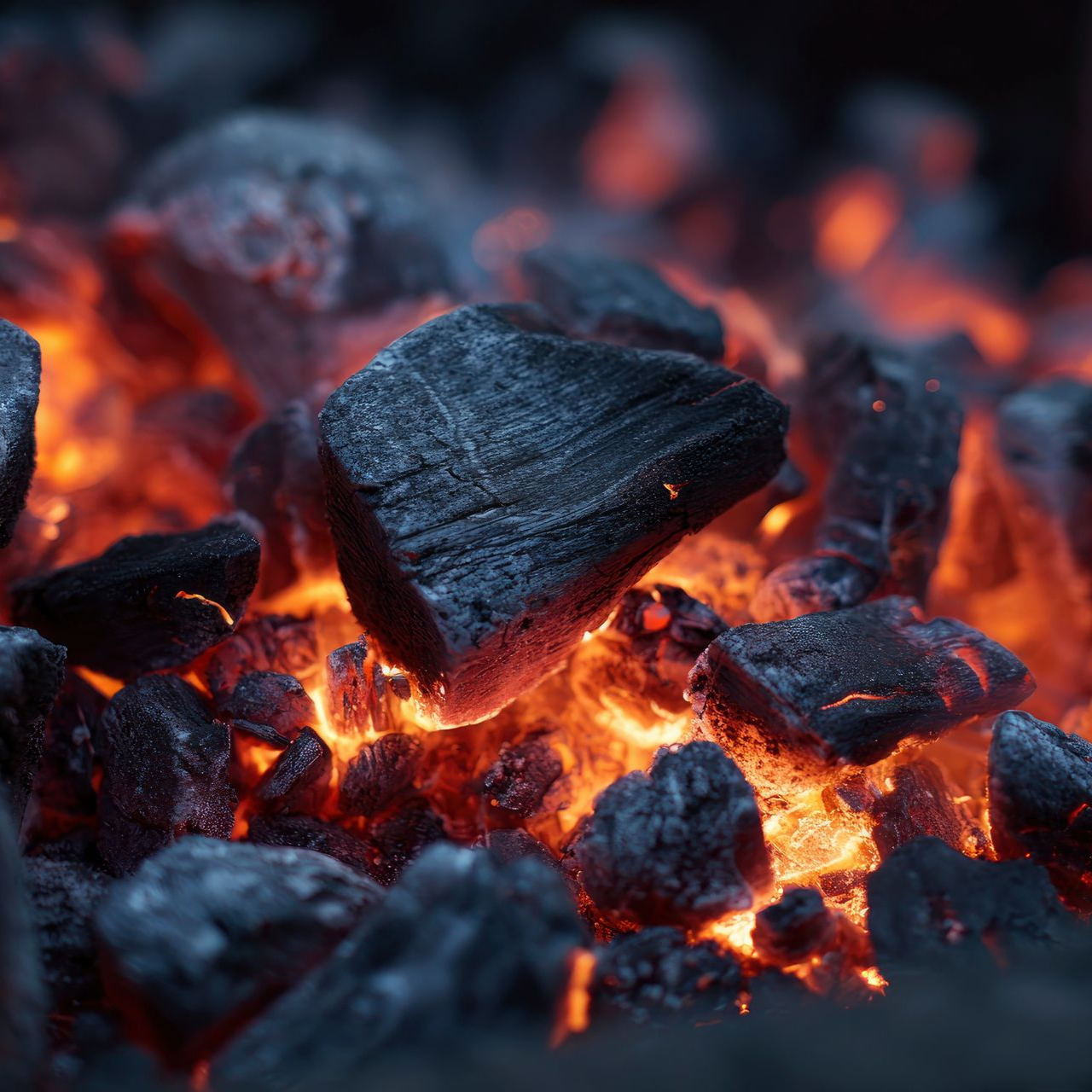 Briquettes de charbon de bois incandescentes, noires et rouge ardent, vue rapprochée.