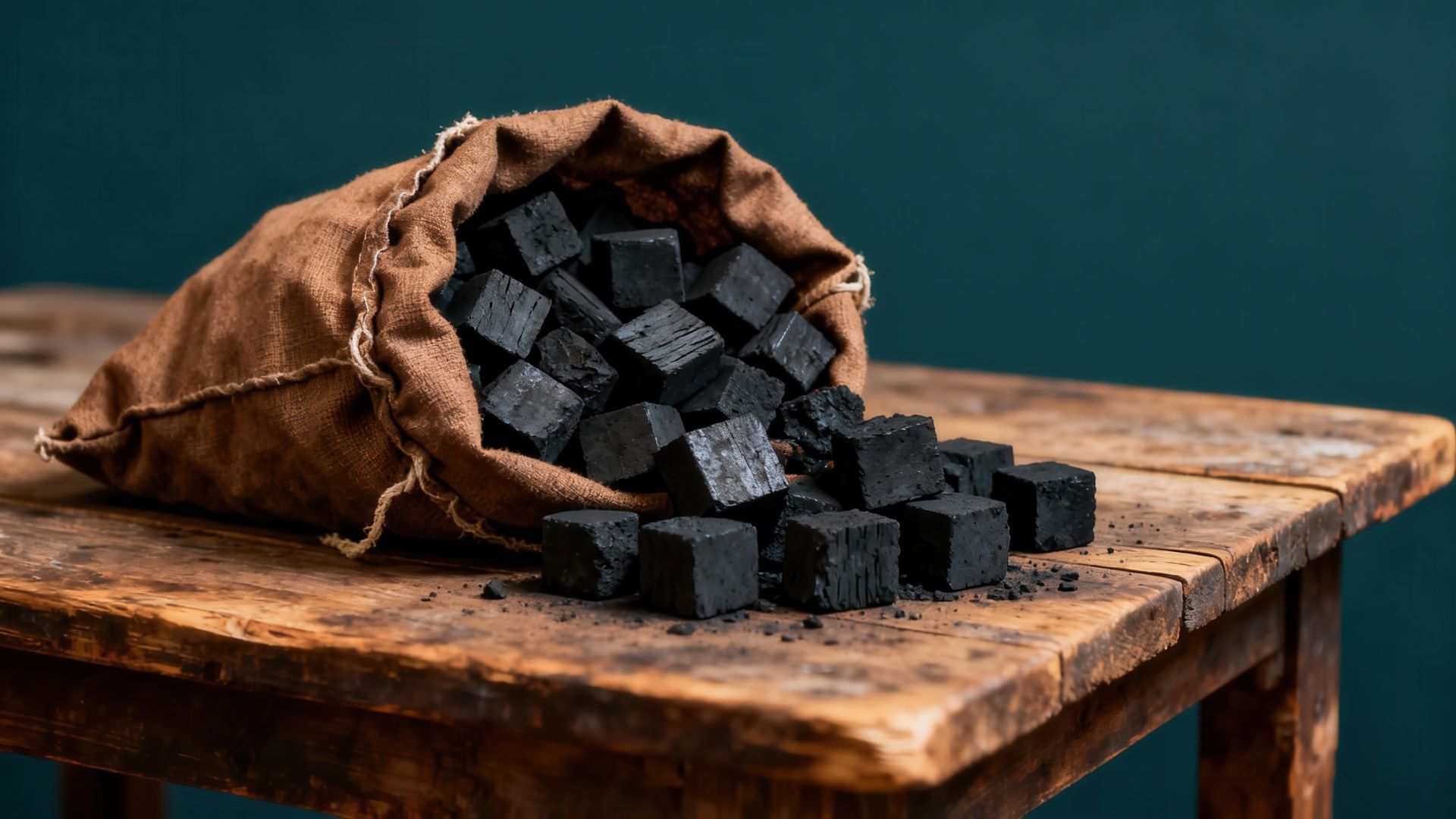 Briquettes de charbon de bois débordant d'un sac en toile de jute sur une table en bois rustique.