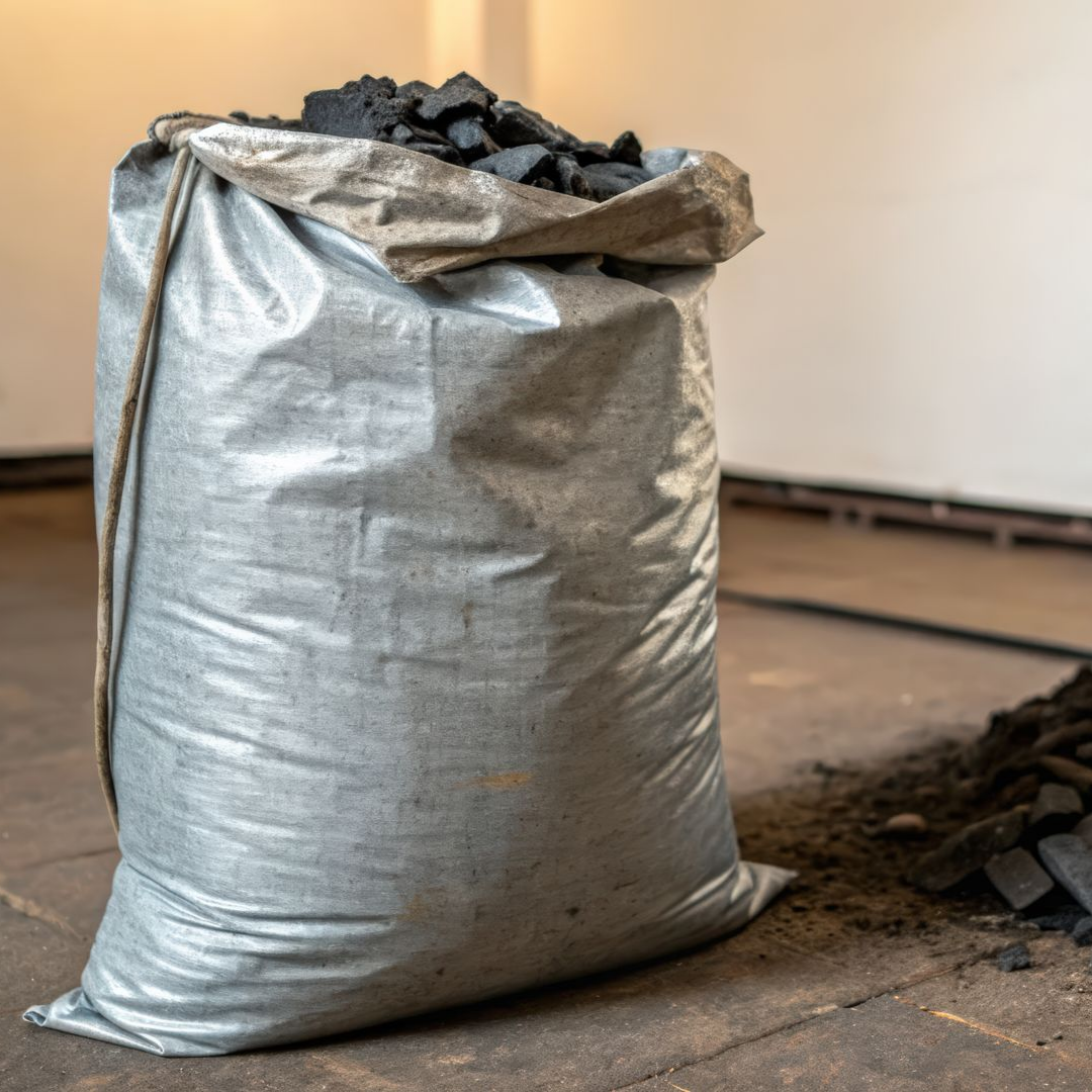 Grand sac gris rempli de morceaux de charbon de bois noir, sur un sol en béton.