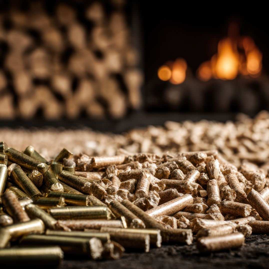 Granulés de bois et douilles en laiton au premier plan, tas de bois et cheminée en arrière-plan.