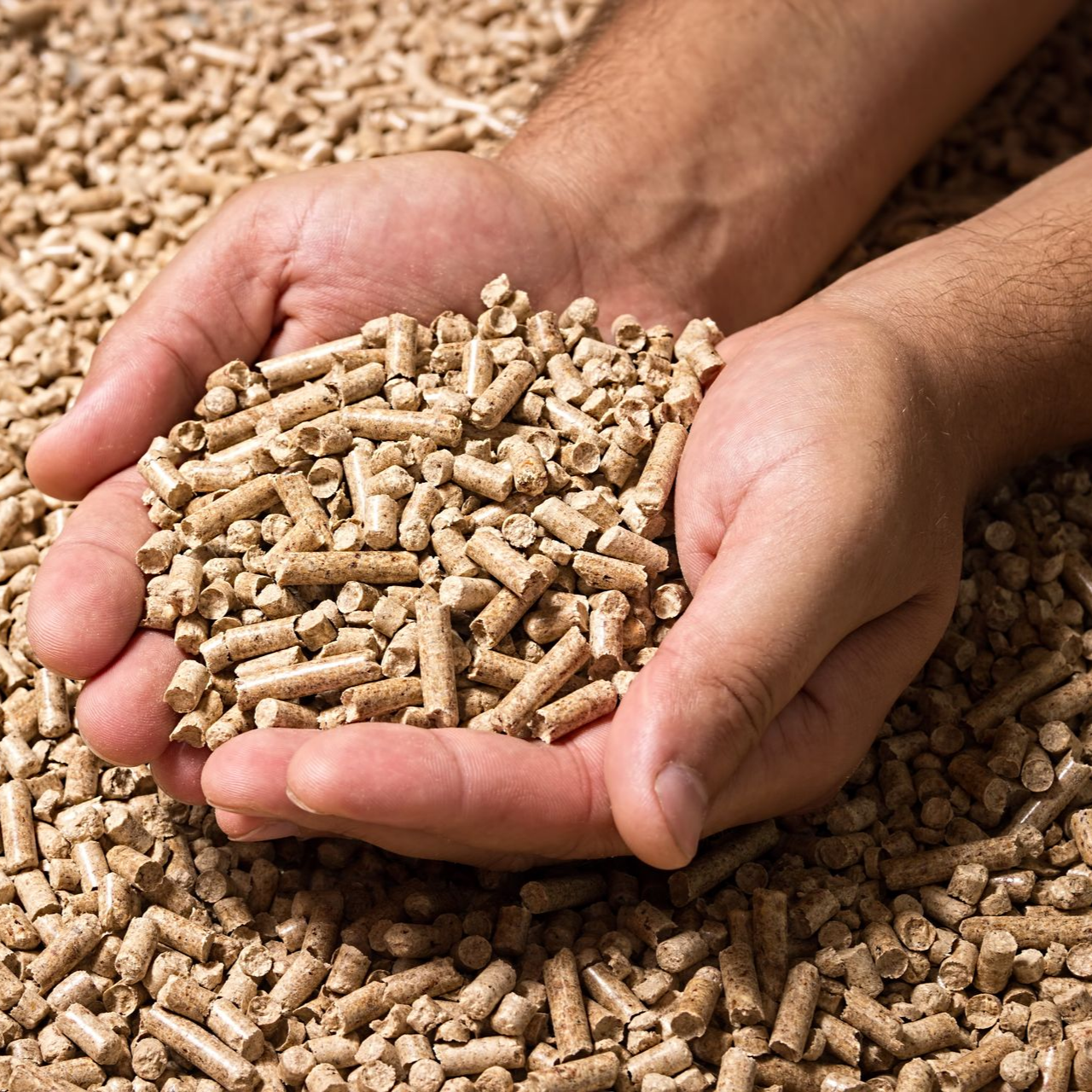 Mains tenant un tas de granulés de bois, marron clair, avec d'autres granulés en arrière-plan.