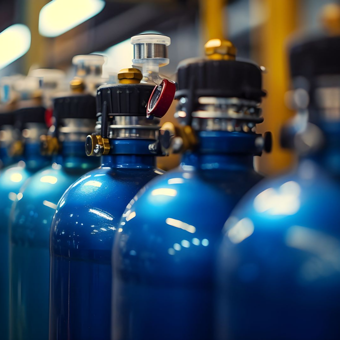 Rangée de bouteilles de gaz bleues avec couvercles noirs et manomètres, cadre industriel.