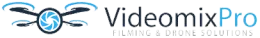 Logotipo de VideomixPro que presenta un icono de dron estilizado con un obturador de cámara en el centro, en azul y gris oscuro.
