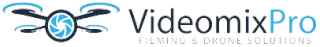 Logotipo de VideomixPro que presenta un icono de dron estilizado con un obturador de cámara en el centro, en azul y gris oscuro.