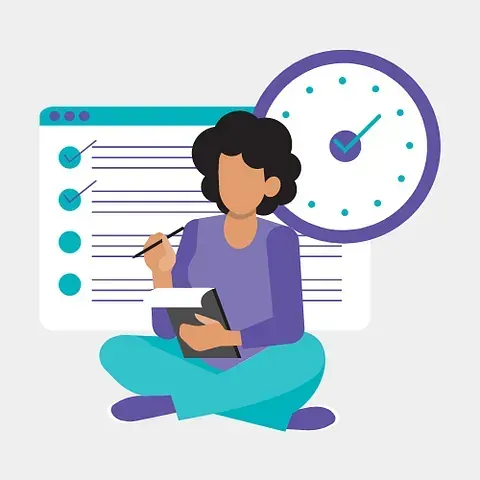 Una mujer está sentada en el suelo escribiendo en un cuaderno al lado de un reloj.