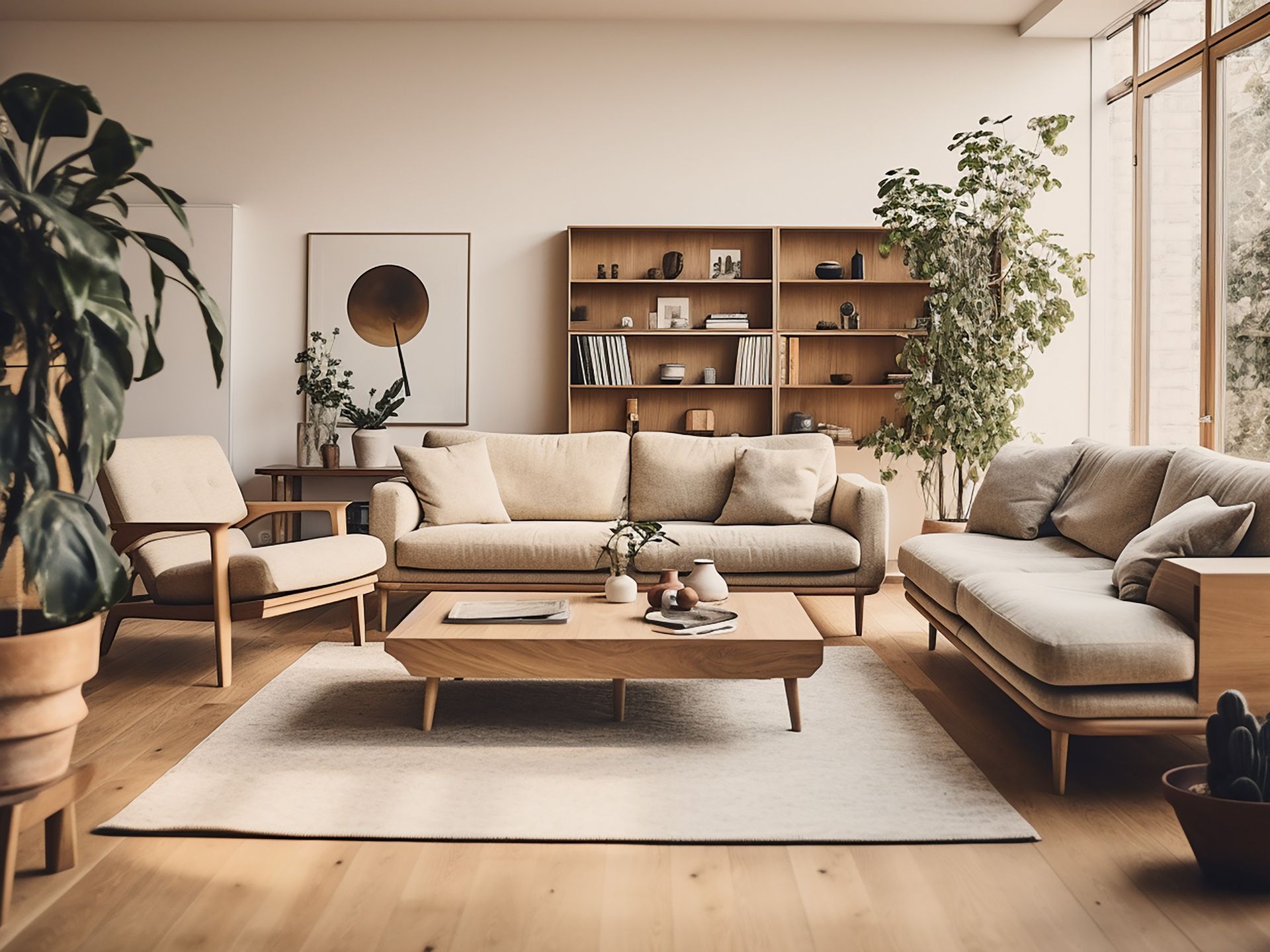 Sala de estar con muebles de madera clara, sofá beige y plantas grandes.