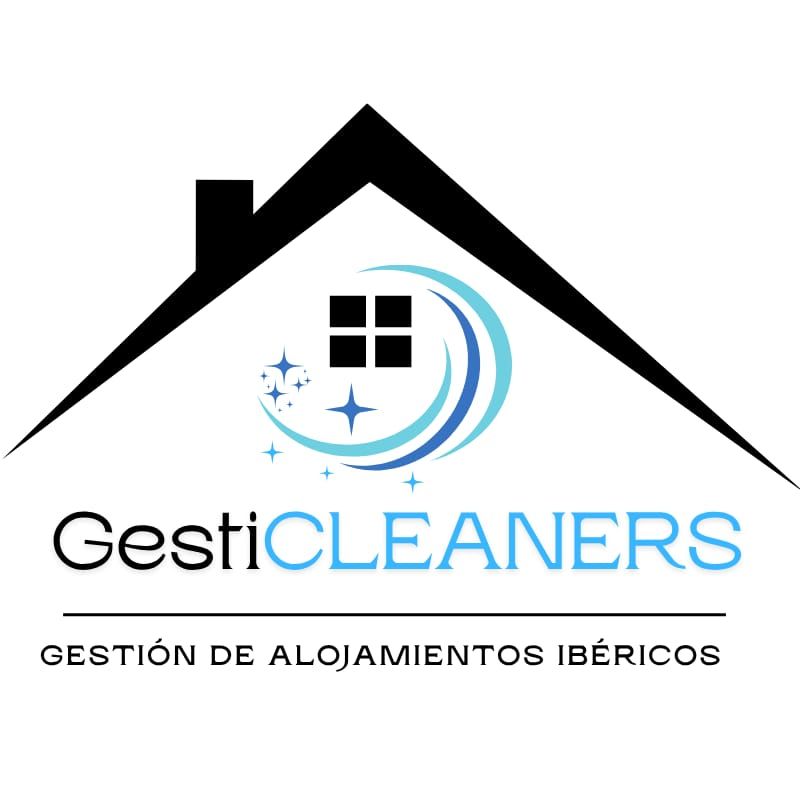 Logotipo: Contorno de casa negra con espirales y estrellas azules. Texto "GestiCLEANERS" con el eslogan "Gestión de Alojamientos Ibéricos".