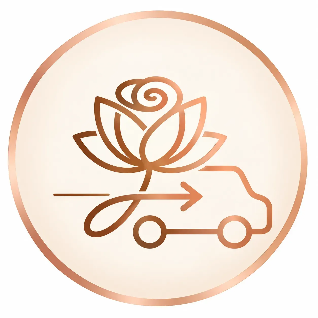 Ilustración lineal de una flor de loto en color cobre sobre un coche eléctrico dentro de un círculo, sobre fondo blanco