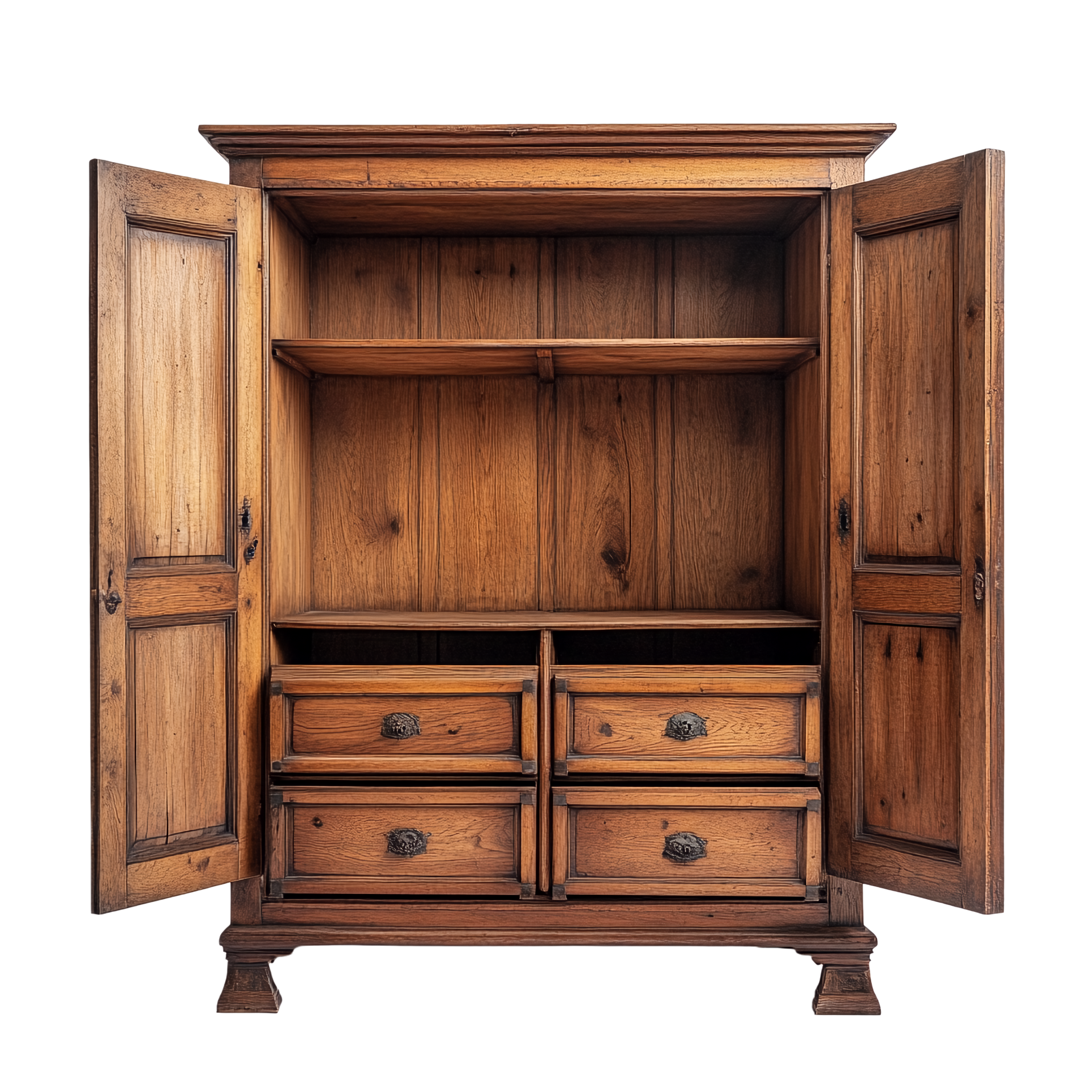 Meuble en bois clair avec deux portes ouvertes et quatre tiroirs, intérieur vide.