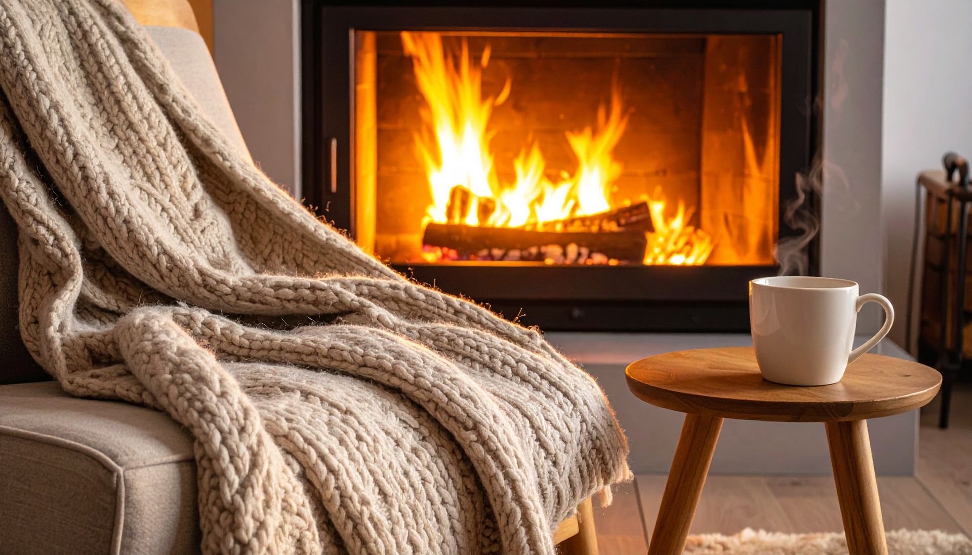 Une tasse blanche repose sur une table d'appoint en bois, à côté d'une chaise beige recouverte d'une couverture en tricot texturé, devant une cheminée accueillante.